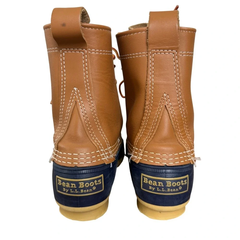 LL Bean Boots Tan Navy Blue‎ Leather Rubber Waterproof Duck Boots 6M Narrow USA